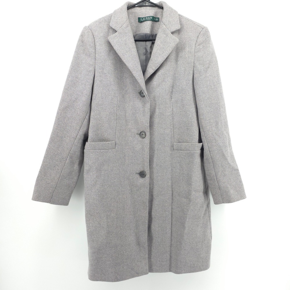 Lauren Ralph Lauren Herringbone Womens Wool Coat 8 Gray Overcoat Professional